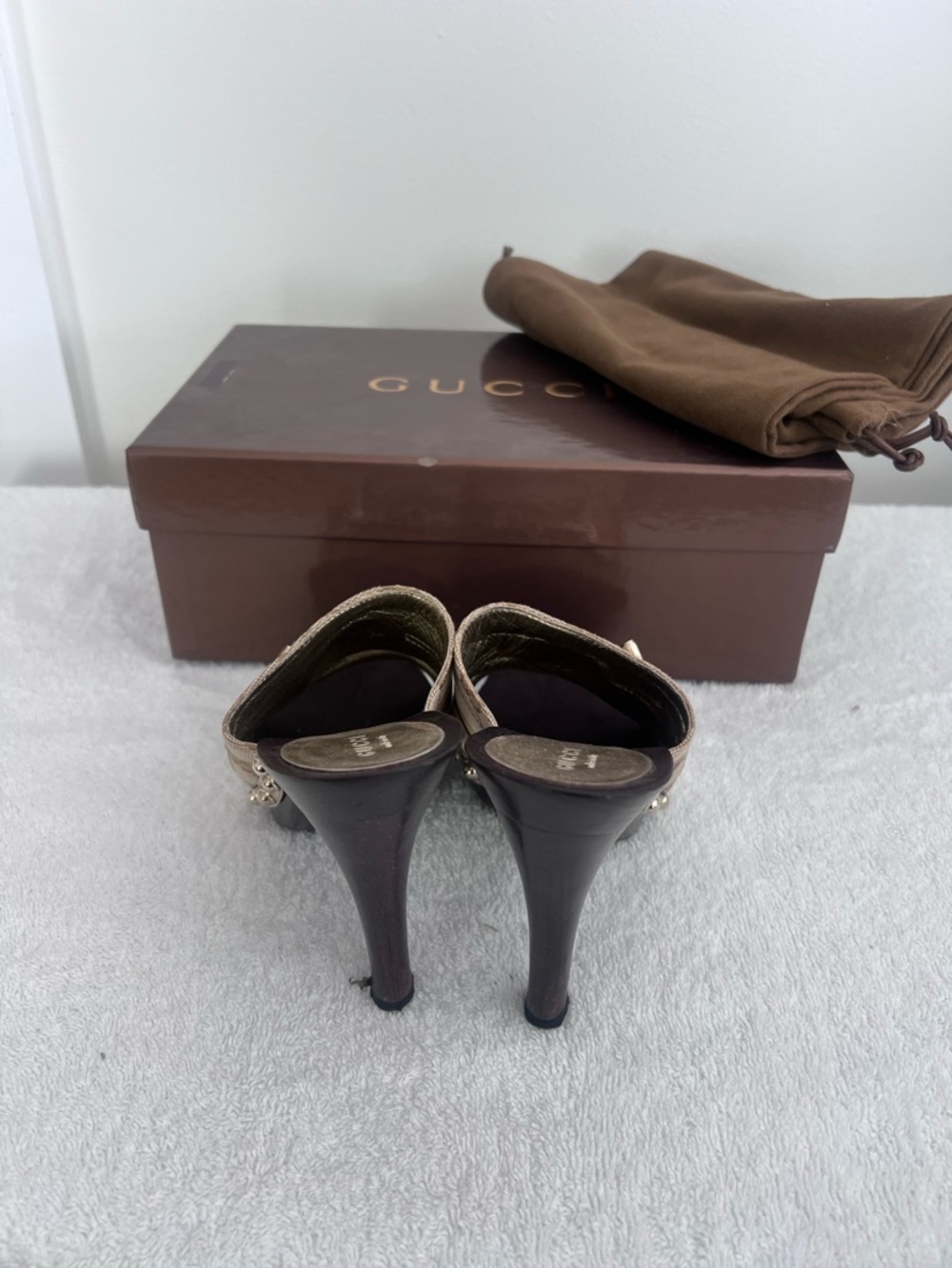 Gucci Beige Brown Canvas Horsebit Slide Mules - Picture 2 of 4